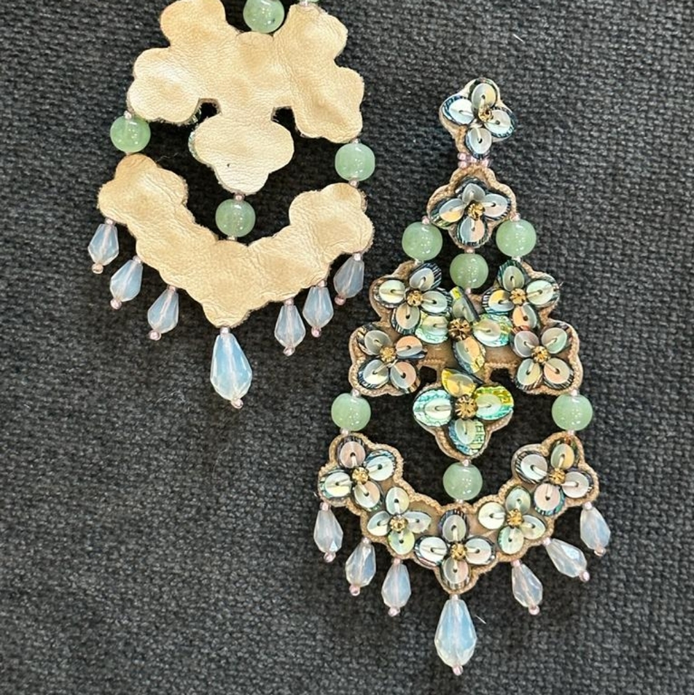 Tory Burch leather backed chandelier line/cream color earrings